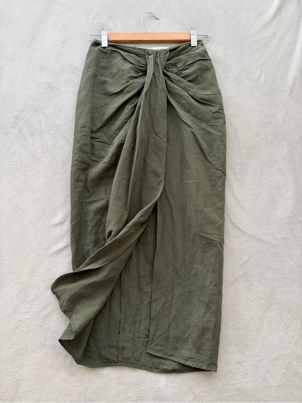 Zara Khaki Green Linen Blend Midi Skirt Front Slit Knot Lagenlook